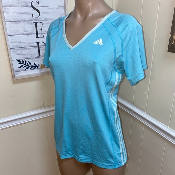 BOGO! Adidas Baby Blue 3 stripes Entrada Jersey Tee Shirt Women sz M - Picture 1 of 7